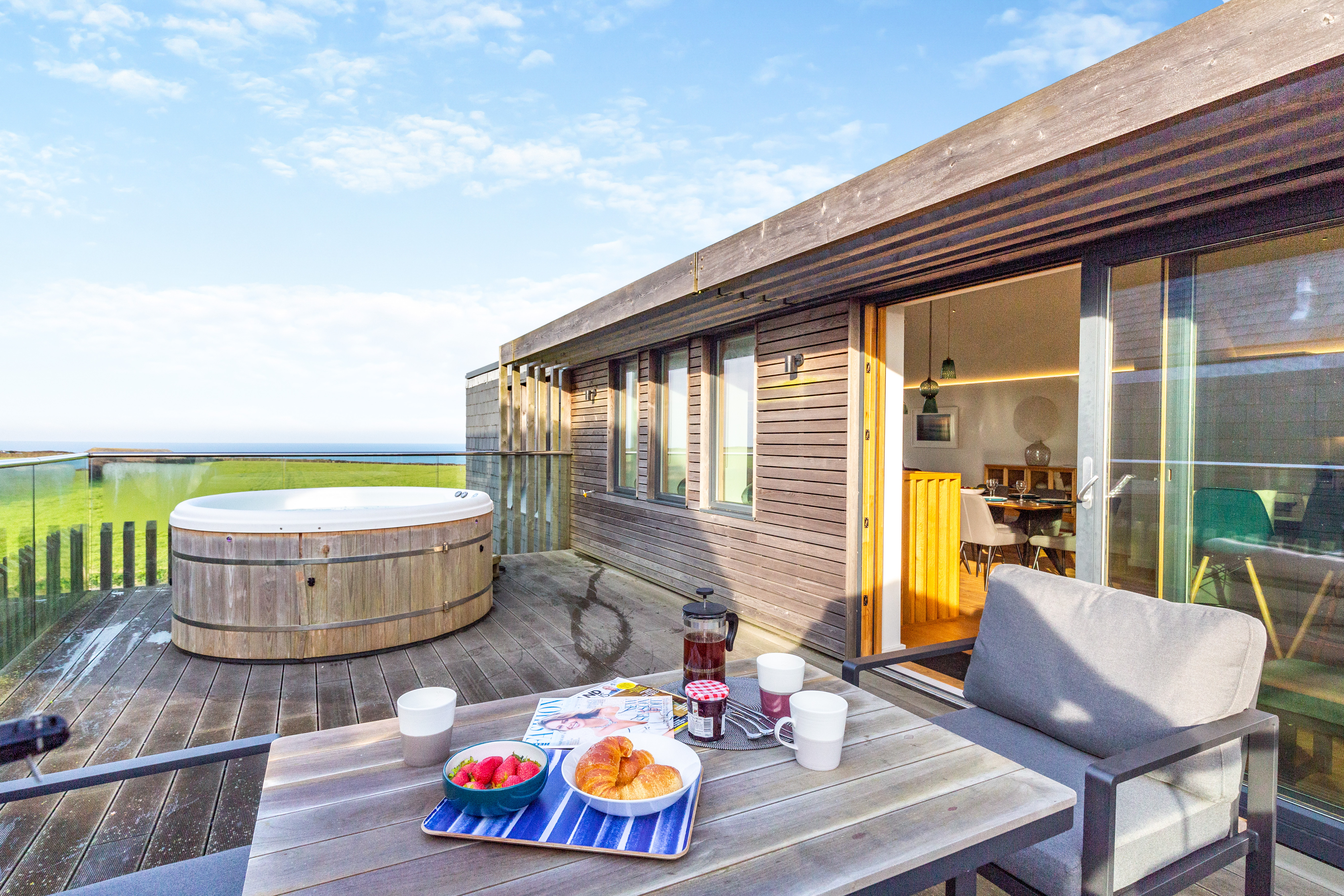 The sun terrace with Bedruthan Steps sea stack views at The Mawgan Porth House