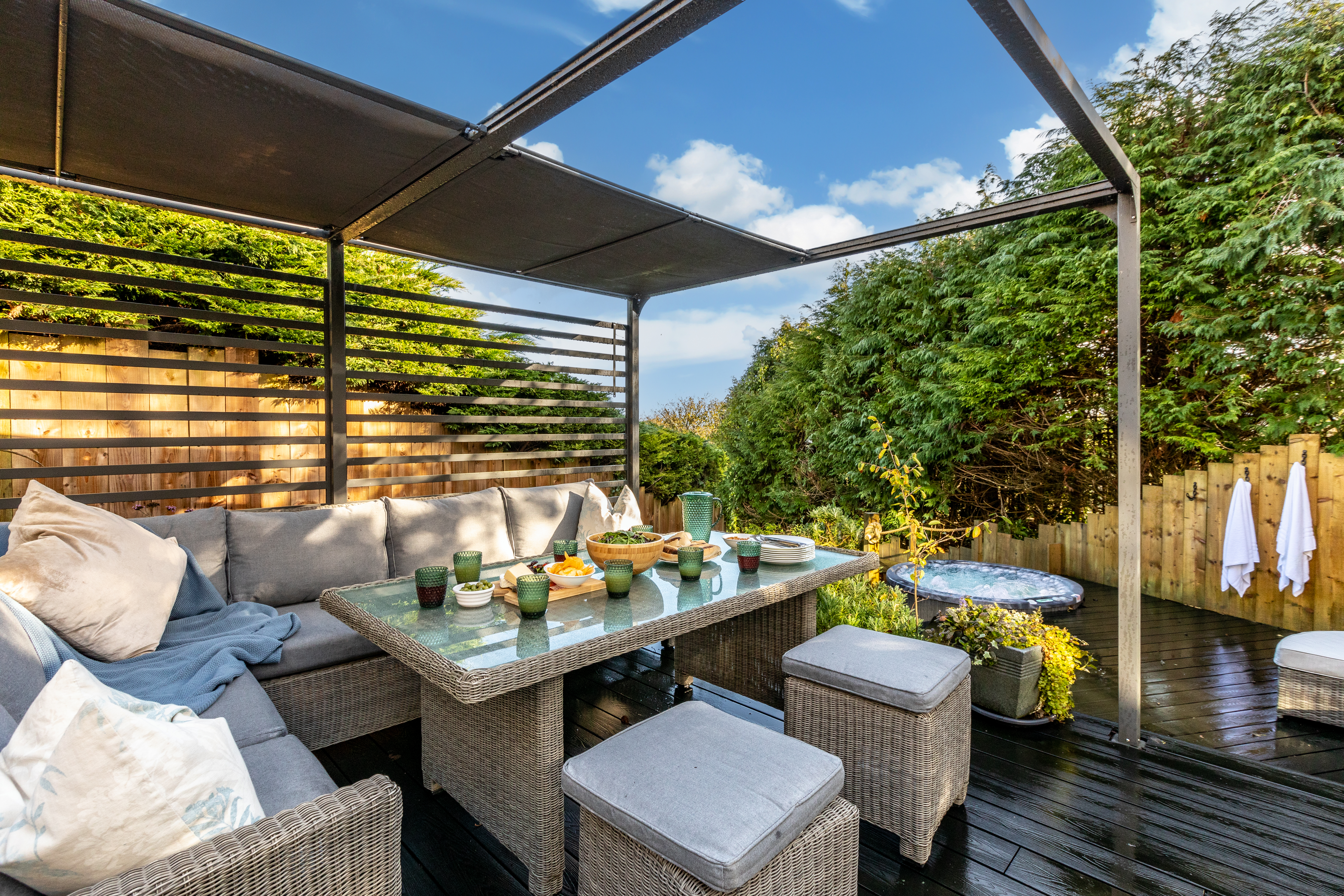 The decking area with panoramic coastal views at The Carbis Bay Garden House